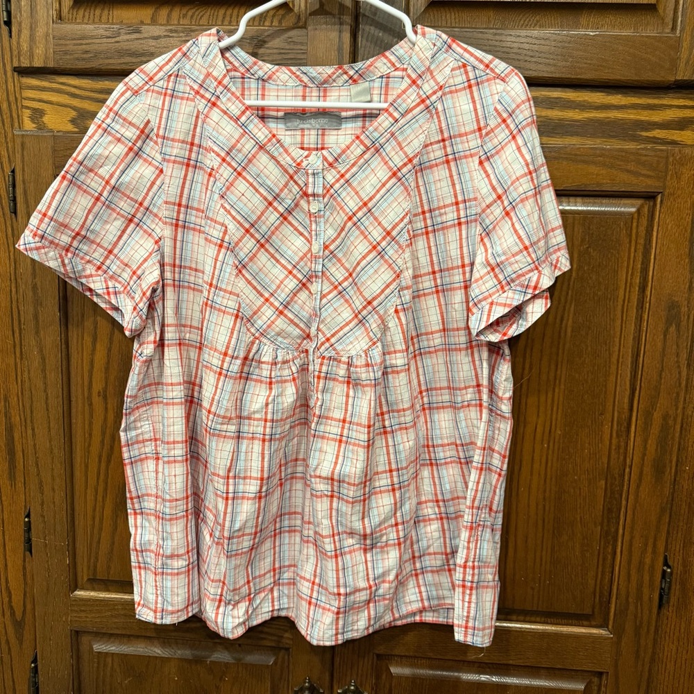 Liz Claiborne Blouse Top XL Plaid Peasant Lightweight Cotton Casual